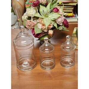Vintage Apothecary Jar Set. Clear Glass, Set of 3 W/ Lids,- FREE SHIPPING